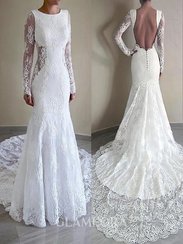 Trumpet/Mermaid Scoop Long Sleeves Court Train Enchanting Lace Wedding Dress