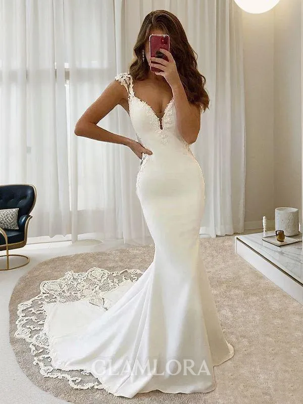 Sheath/Column V-Neck Sleeveless Sweep Train Fitted Stretch Crepe Wedding Dress