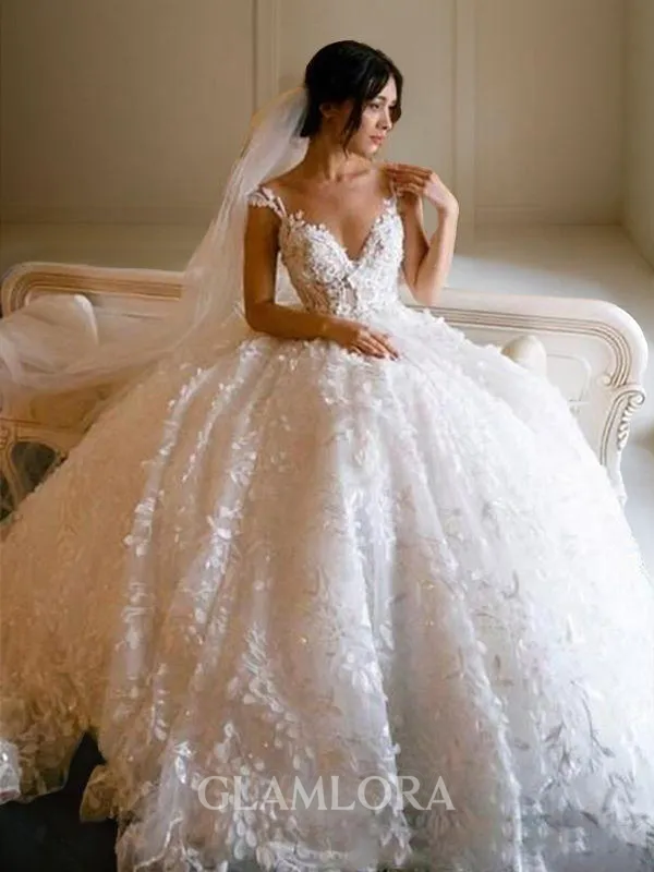 Ball-Gown Princess V-Neck Sleeveless Floor-Length Tulle Dreamy Wedding Dress With Applique