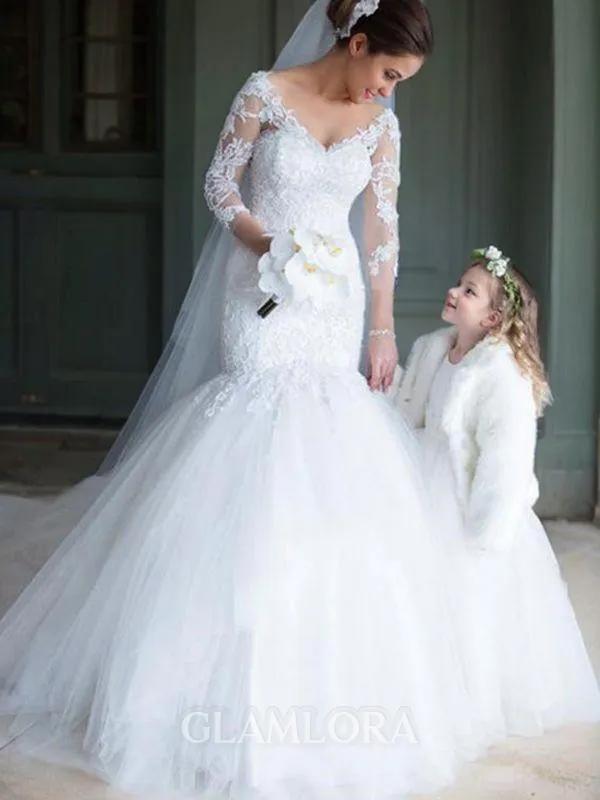 Trumpet/Mermaid Off-the-Shoulder 1/2 Sleeves Exquisite Sweep Train Tulle Wedding Dress With Lace
