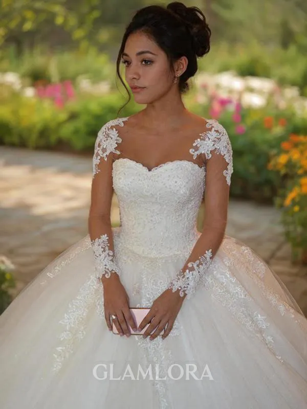 Ball-Gown Princess Scoop Long Sleeves Court Train Flowy Tulle Wedding Dress With Applique