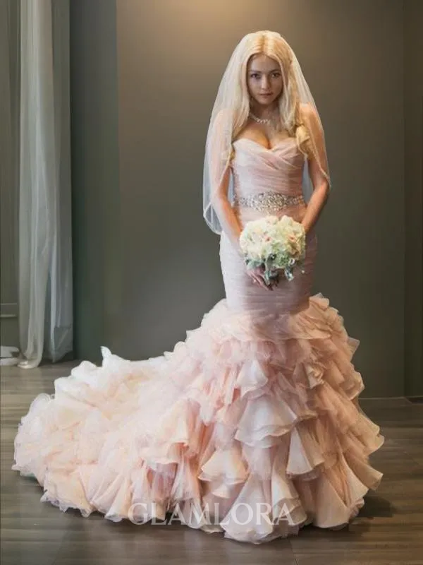 Trumpet/Mermaid Sweetheart Sleeveless Court Train Svelte Organza Wedding Dress With Ruffles