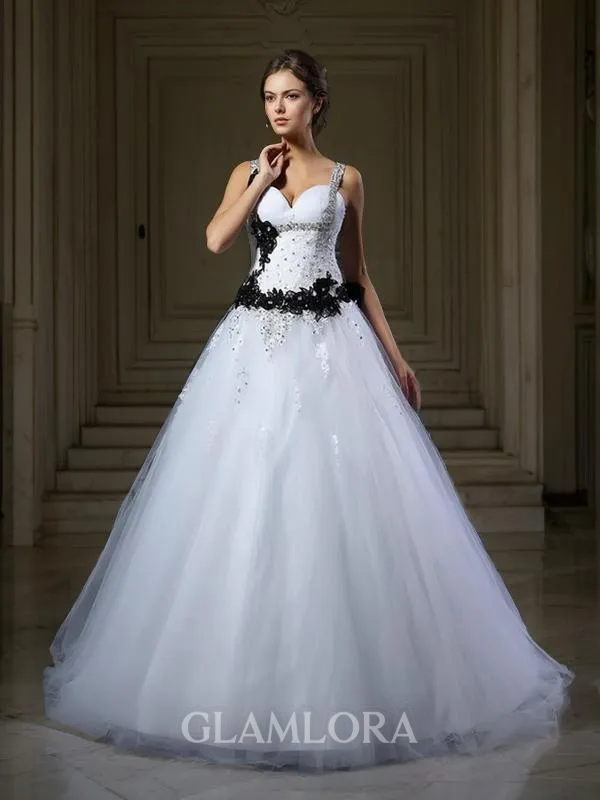 Regal Ball-Gown Princess Straps Sleeveless Chapel Train Tulle Wedding Dress With Beading