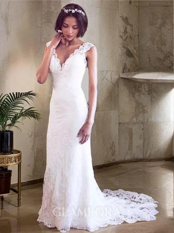 Sheath/Column Timeless V-Neck Sleeveless Court Train Tulle Wedding Dress