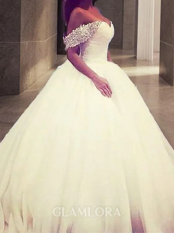 Ball-Gown Princess Off-the-Shoulder Sleeveless Opulent Sweep Train Tulle Wedding Dress With Beading
