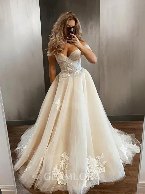A-line Princess Dreamy Off-the-Shoulder Sleeveless Sweep Train Tulle Wedding Dress With Applique
