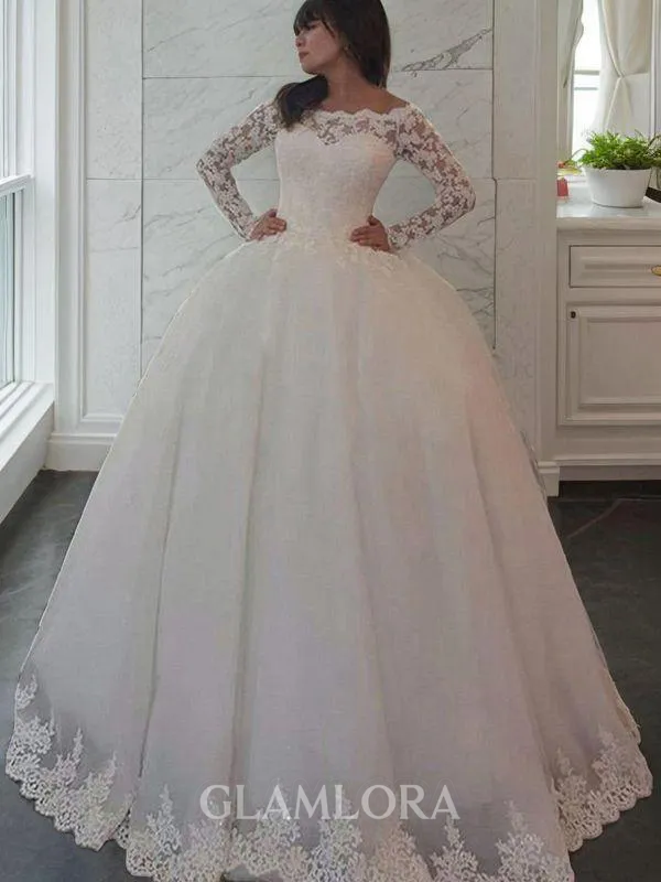 Ball-Gown Off-the-Shoulder Long Sleeves Sweep Train Majestic Lace Wedding Dress With Applique