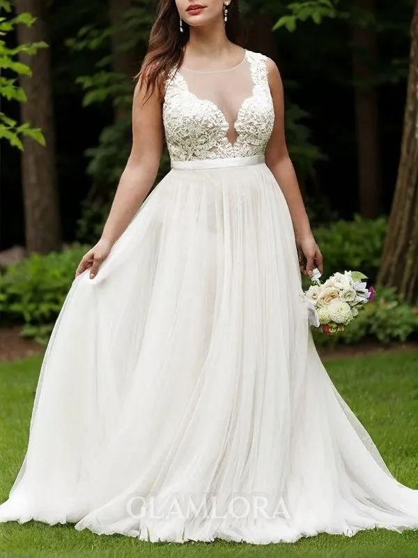 A-line Princess Scoop Sleeveless Court Train Trendy Tulle Wedding Dress With Lace