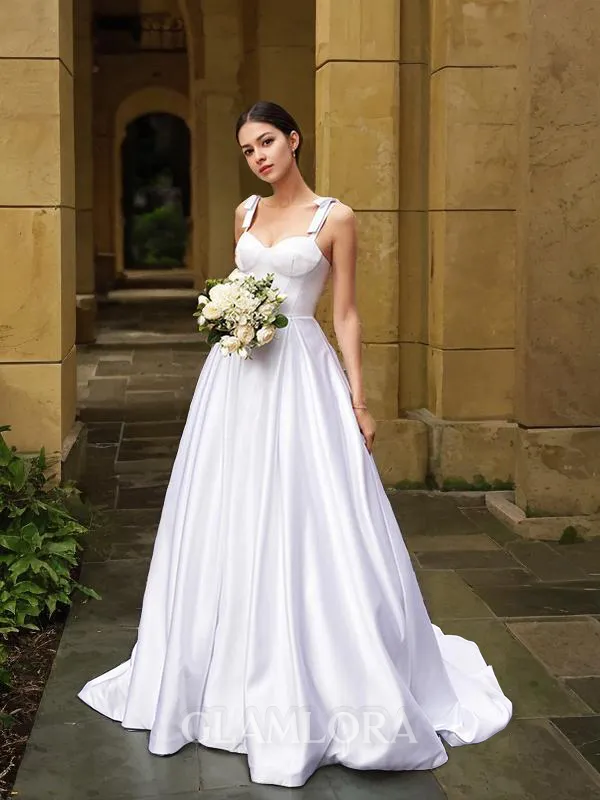 Fashion A-line Straps Sleeveless Sweep Train Satin Wedding Dress With Ruffles