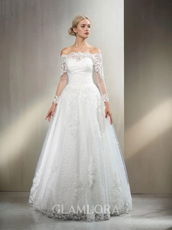 Ball-Gown Princess Off-the-Shoulder Fairy-tale Long Sleeves Floor-Length Tulle Wedding Dress With Lace