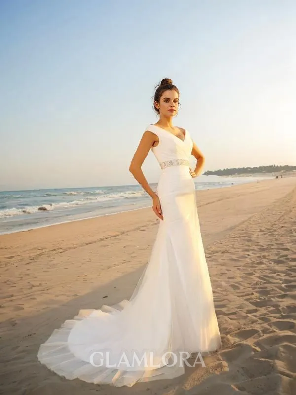 Sheath/Column V-Neck Sleeveless Refined Court Train Tulle Wedding Dress With Pleats