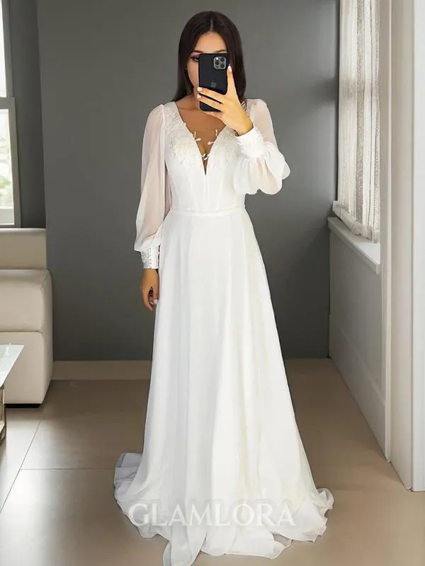 A-line V-Neck Charming Long Sleeves Sweep Train Chiffon Wedding Dress
