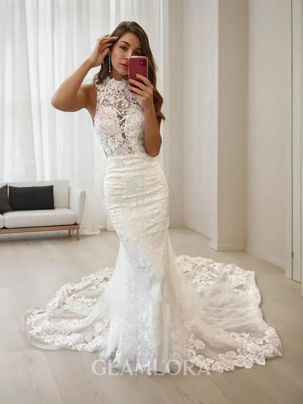 Trumpet/Mermaid Halter Sleeveless Sweep Train Ariel Tulle Wedding Dress With Applique