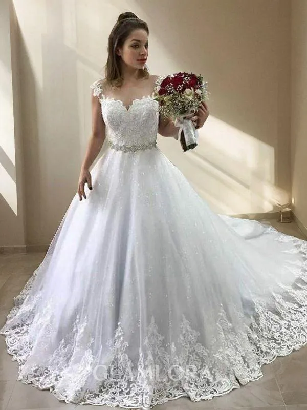 Ball-Gown Princess Sweetheart Sleeveless Court Train Tulle Enchanting Wedding Dress With Beading