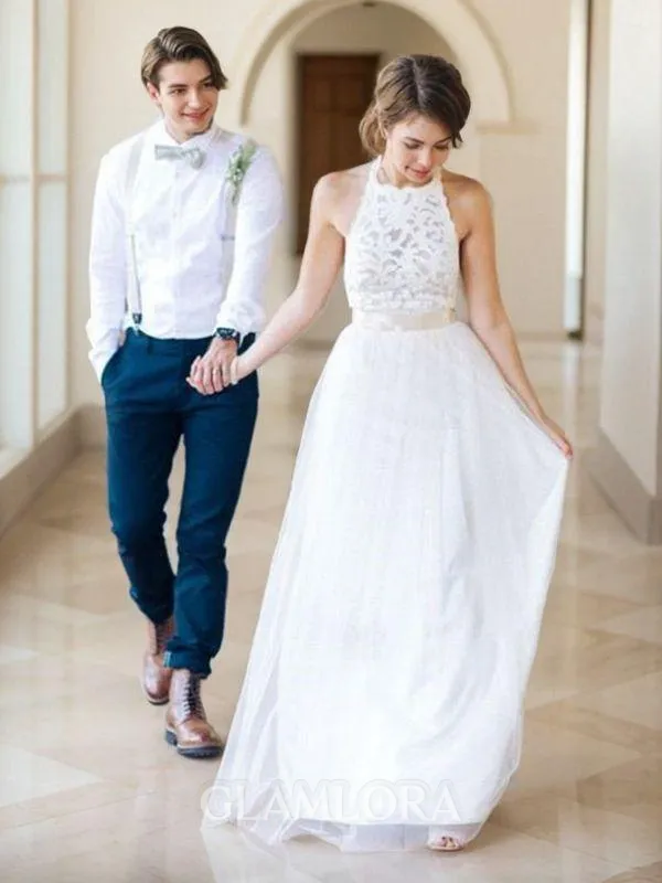 A-line Princess Delicate Halter Sleeveless Floor-Length Tulle Wedding Dress With Sash