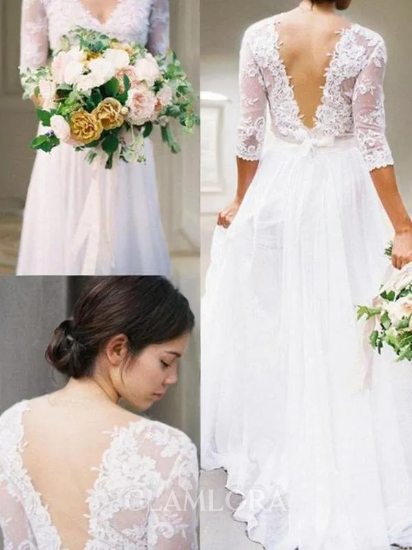 A-line V-Neck Exquisite 1/2 Sleeves Sweep Train Chiffon Wedding Dress With Applique