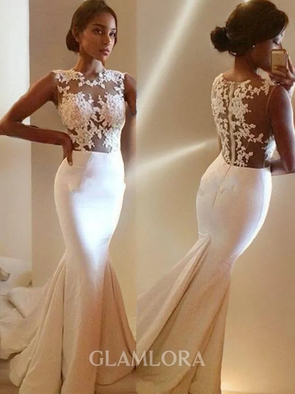 Trumpet/Mermaid Scoop Sleeveless Sweep Train Exquisite Stretch Crepe Wedding Dress With Lace