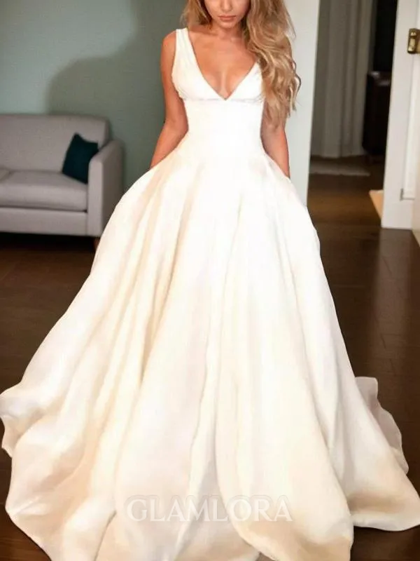 A-line V-Neck Sleeveless Sweep Train Classy Satin Wedding Dress With Ruffles
