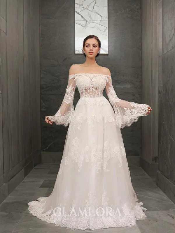 A-line Princess Off-the-Shoulder Long Sleeves Sweep Train Tulle Flattering Wedding Dress With Applique