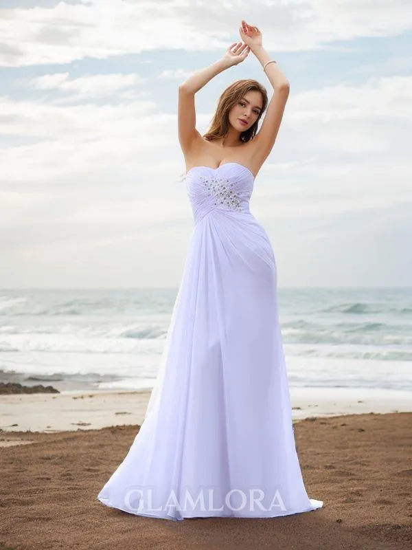 Chic Sheath/Column Sweetheart Sleeveless Chapel Train Chiffon Wedding Dress With Beading