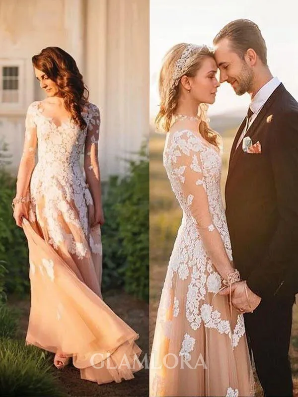 A-line Princess V-Neck Long Sleeves Sweep Train Elegant Tulle Wedding Dress