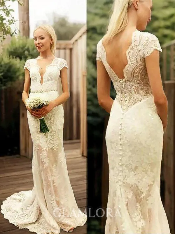 Sheath/Column V-Neck Short Sleeves Sweep Train Lace Sleek Wedding Dress