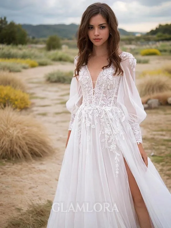 Classic A-line V-Neck Long Sleeves Sweep Train Lace Wedding Dress With Slit