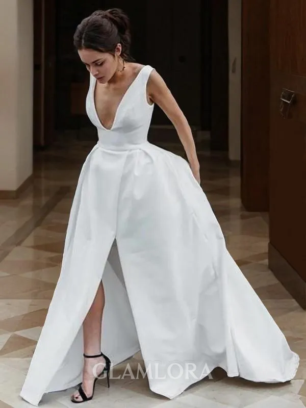 A-line Timeless V-Neck Sleeveless Sweep/Brush Train Satin Wedding Dress With Ruffles