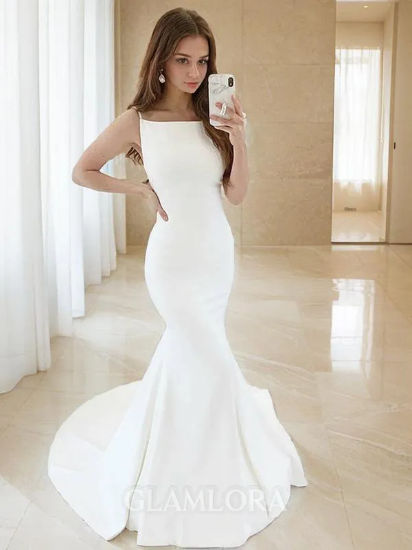 Trumpet/Mermaid Square Captivating Sleeveless Sweep Train Stretch Crepe Wedding Dress With Ruffles