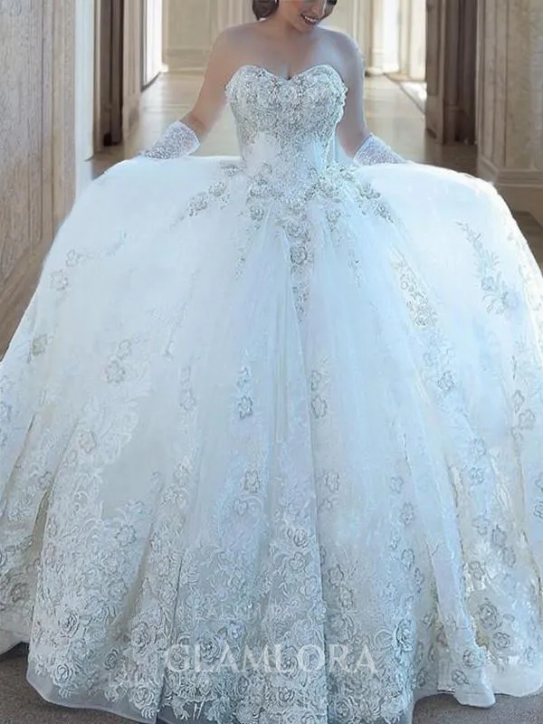 Glamorous Ball-Gown Princess Sweetheart Sleeveless Cathedral Train Tulle Wedding Dress With Applique