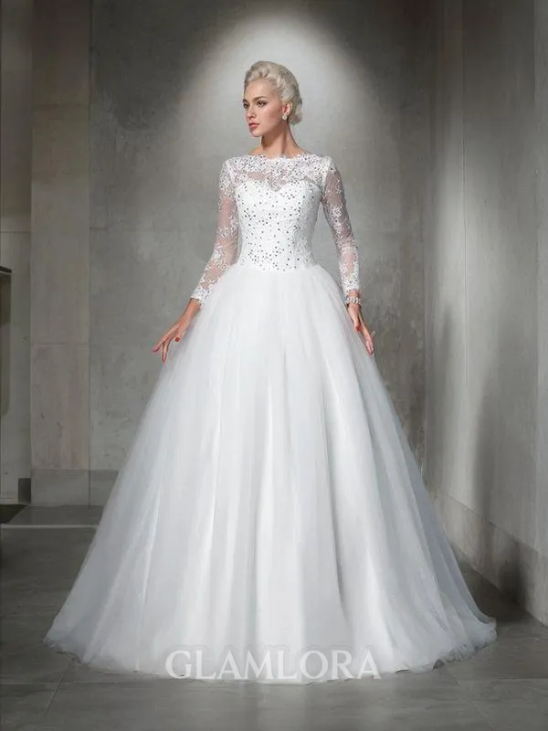 Ball-Gown Princess Bateau Long Sleeves Exquisite Sweep Train Tulle Wedding Dress With Lace