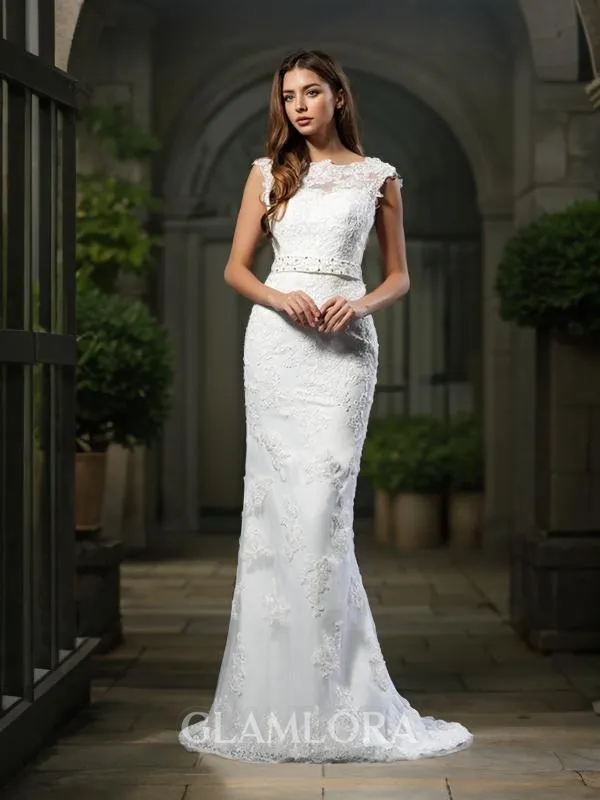 A-line Bateau Sleeveless Court Train Stylish Satin Wedding Dress With Lace