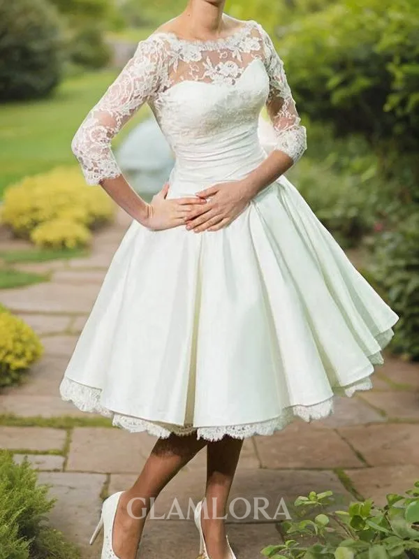 A-line Scoop 3/4 Sleeves Knee-Length Simple Stretch Crepe Wedding Dress
