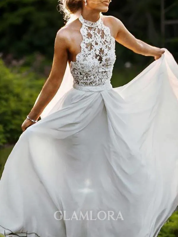 Balanced A-line Halter Sleeveless Floor-Length Chiffon Wedding Dress With Lace