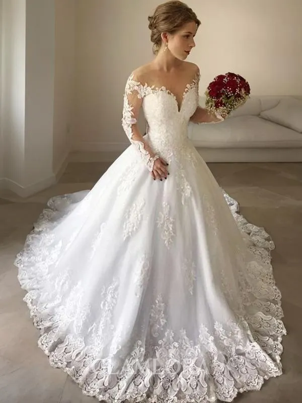Ball-Gown Princess Off-the-Shoulder Long Sleeves Sweep Train Ethereal Tulle Wedding Dress With Lace