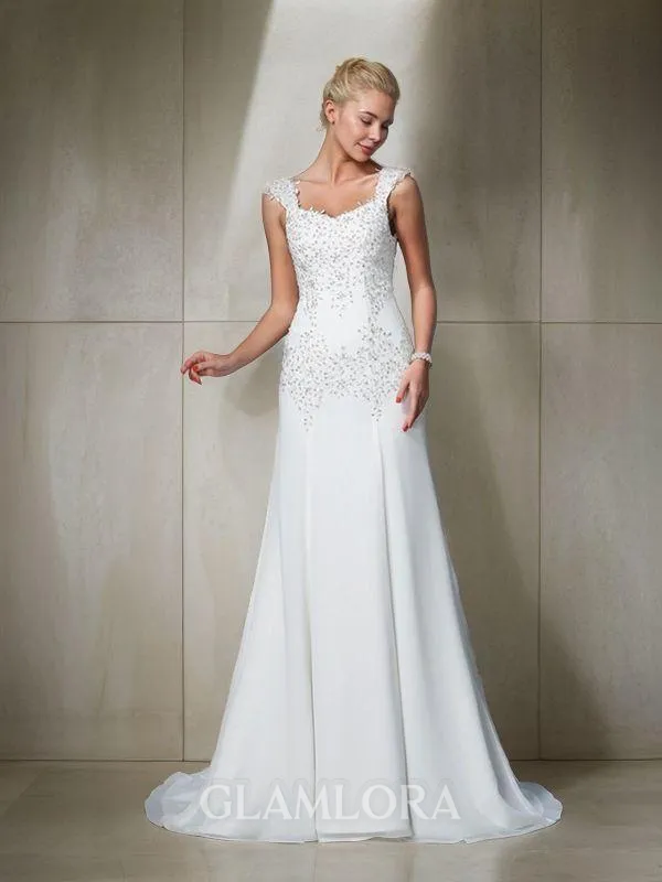 A-line Straps Sleeveless Court Train Chiffon Charming Wedding Dress With Beading