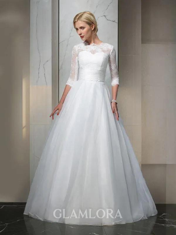 Breathtaking Ball-Gown Jewel 3/4 Sleeves Floor-Length Organza Wedding Dress With Applique
