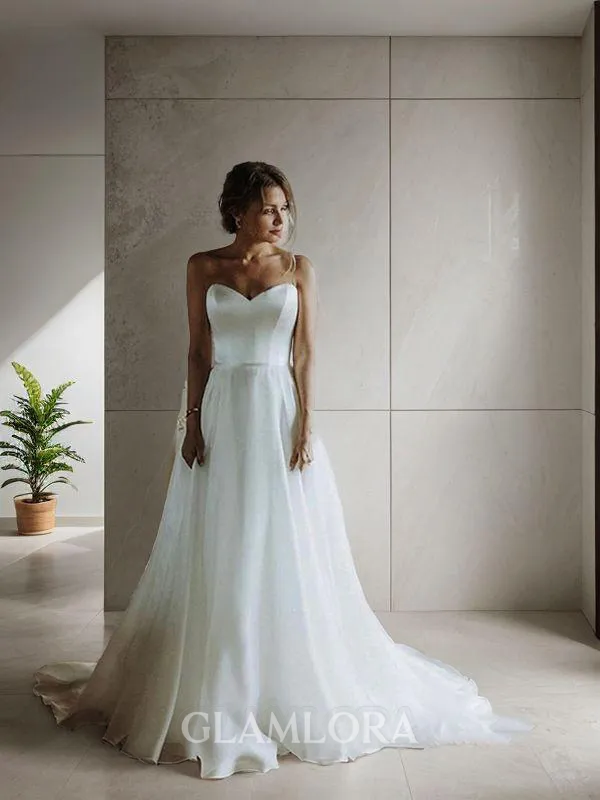 A-line Sweetheart Sleeveless Sweep Train Perfect Organza Wedding Dress