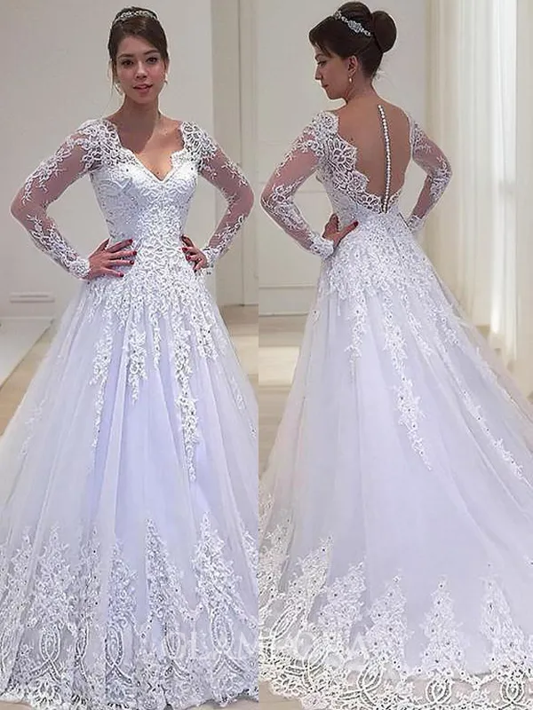 A-line Princess V-Neck Long Sleeves Court Train Tulle Trendy Wedding Dress With Applique
