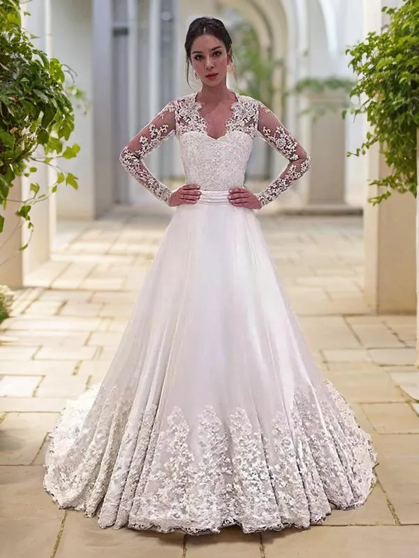 A-line Fashion V-Neck Long Sleeves Sweep Train Satin Wedding Dress