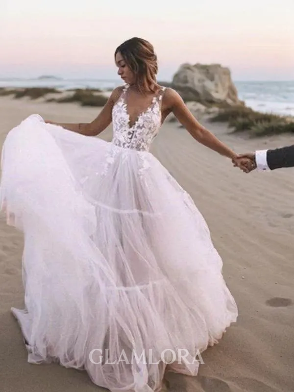A-line Princess V-Neck Sleeveless Unique Floor-Length Tulle Wedding Dress With Applique