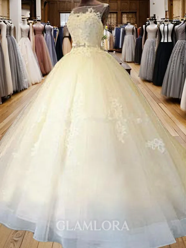 Ball-Gown Princess Gorgeous Scoop Sleeveless Cathedral Train Tulle Wedding Dress With Applique