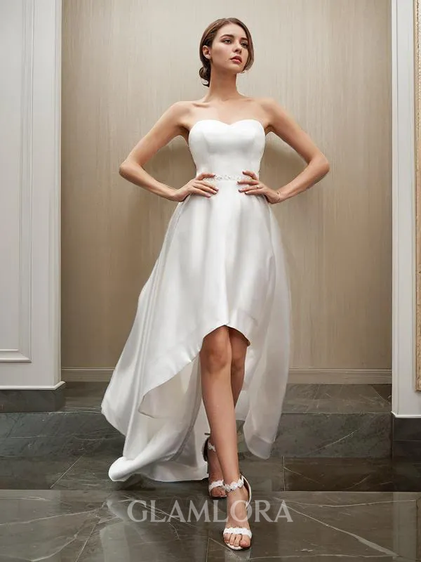 A-line Sweetheart Delicate Sleeveless Asymmetrical Satin Wedding Dress With Ruffles