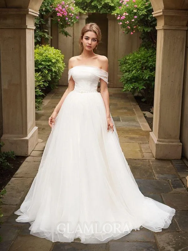 A-line Princess Off-the-Shoulder Sleeveless Exquisite Sweep Train Tulle Wedding Dress With Ruched