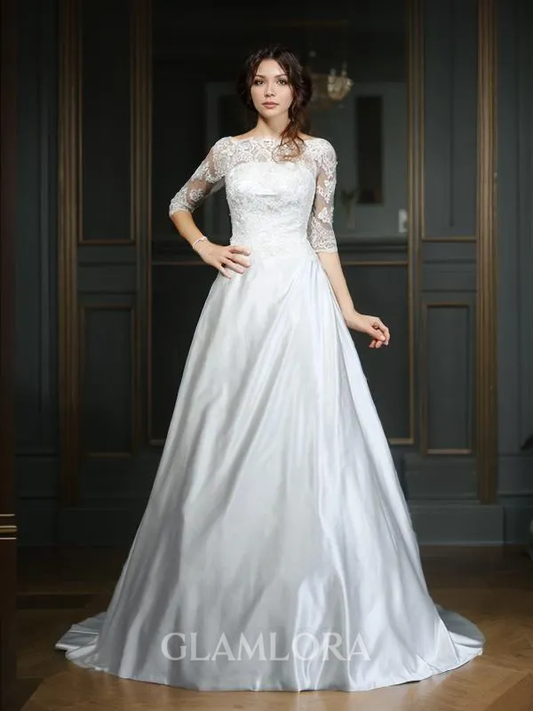 A-line Bateau 1/2 Sleeves Court Train Dazzling Satin Wedding Dress With Lace
