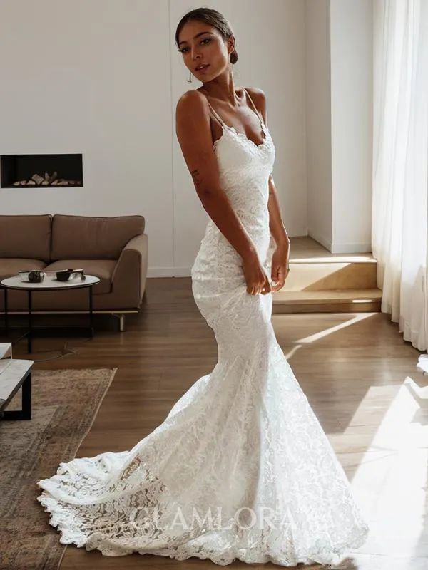 Sheath/Column Neat V-Neck Sleeveless Court Train Lace Wedding Dress