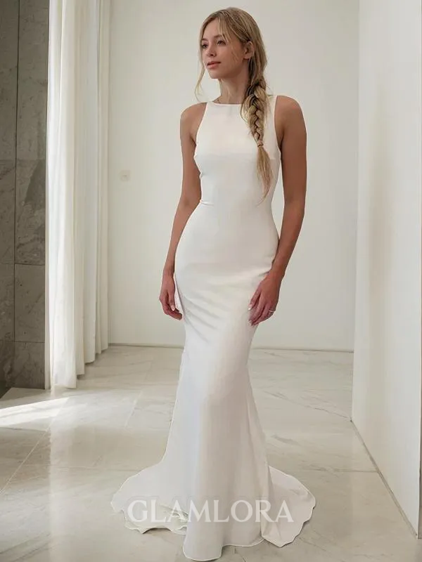 Sheath/Column Bateau Minimalist Sleeveless Sweep Train Open Back Stretch Crepe Wedding Dress