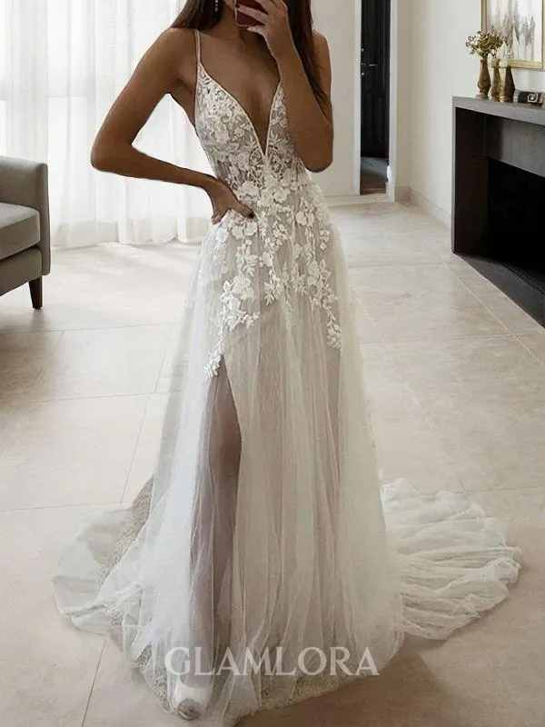A-line Princess V-Neck Sleeveless Court Train Graceful Tulle Wedding Dress