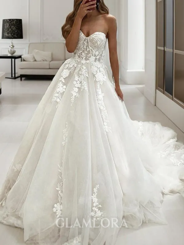 A-line Princess Sweetheart Sleeveless Chapel Train Tulle Elegant Wedding Dress