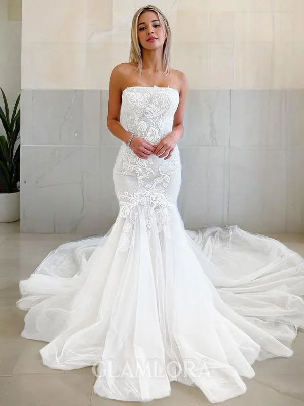 Trumpet/Mermaid Strapless Seductive Sleeveless Cathedral Train Tulle Wedding Dress